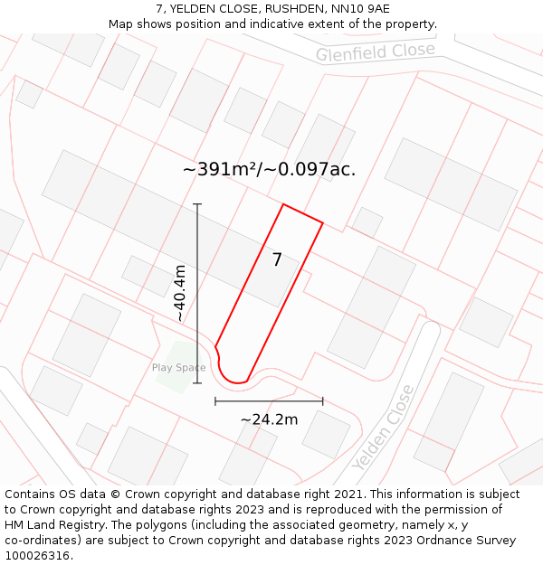 7, YELDEN CLOSE, RUSHDEN, NN10 9AE: Plot and title map
