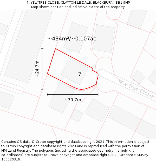 7, YEW TREE CLOSE, CLAYTON LE DALE, BLACKBURN, BB1 9HP: Plot and title map