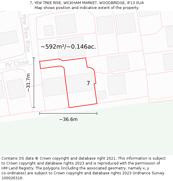 7, YEW TREE RISE, WICKHAM MARKET, WOODBRIDGE, IP13 0UA: Plot and title map