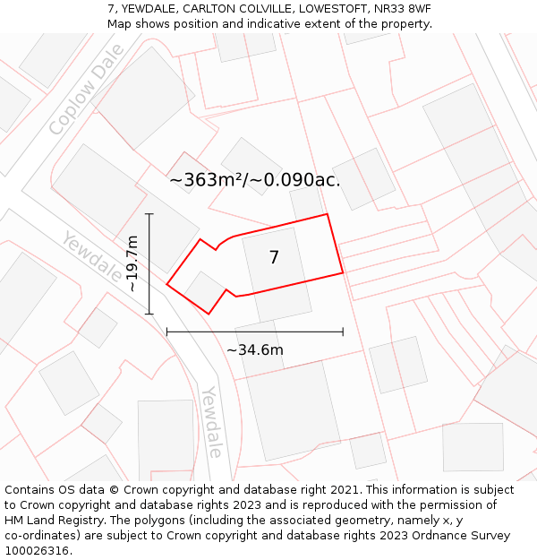 7, YEWDALE, CARLTON COLVILLE, LOWESTOFT, NR33 8WF: Plot and title map