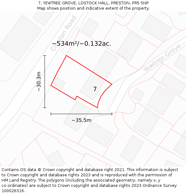 7, YEWTREE GROVE, LOSTOCK HALL, PRESTON, PR5 5NP: Plot and title map