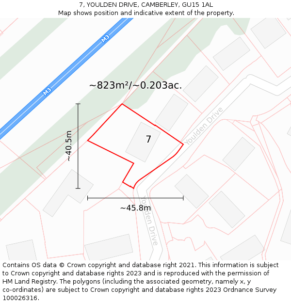 7, YOULDEN DRIVE, CAMBERLEY, GU15 1AL: Plot and title map