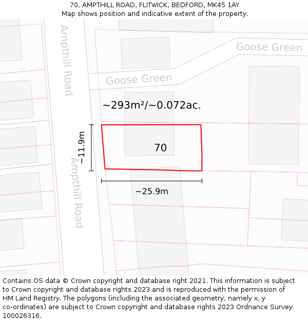 70, AMPTHILL ROAD, FLITWICK, BEDFORD, MK45 1AY: Plot and title map