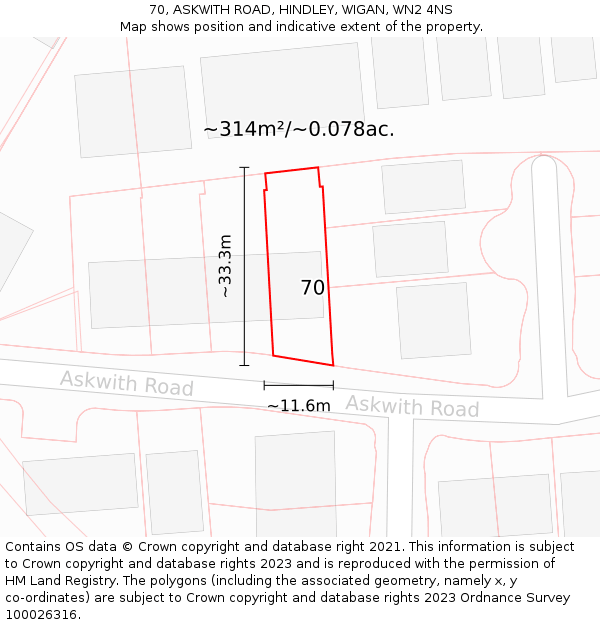70, ASKWITH ROAD, HINDLEY, WIGAN, WN2 4NS: Plot and title map