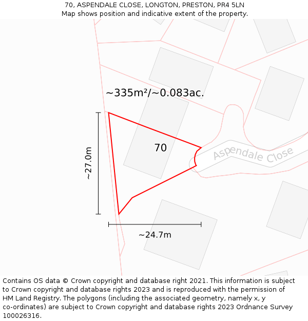70, ASPENDALE CLOSE, LONGTON, PRESTON, PR4 5LN: Plot and title map