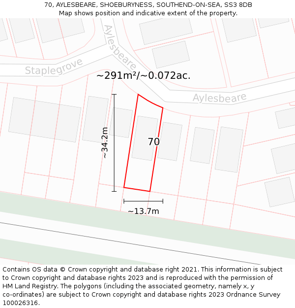 70, AYLESBEARE, SHOEBURYNESS, SOUTHEND-ON-SEA, SS3 8DB: Plot and title map