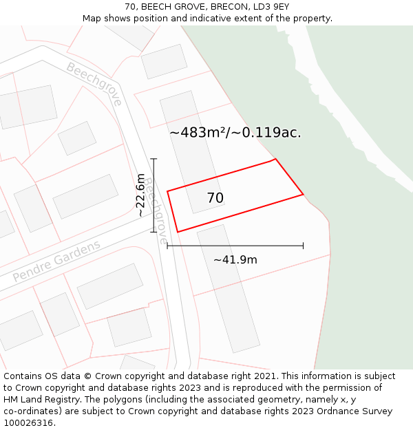 70, BEECH GROVE, BRECON, LD3 9EY: Plot and title map