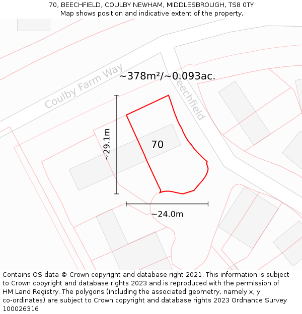 70, BEECHFIELD, COULBY NEWHAM, MIDDLESBROUGH, TS8 0TY: Plot and title map