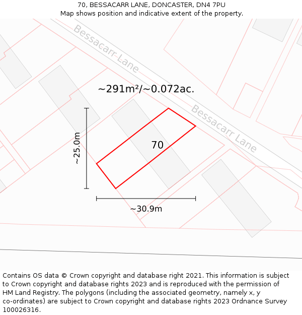 70, BESSACARR LANE, DONCASTER, DN4 7PU: Plot and title map