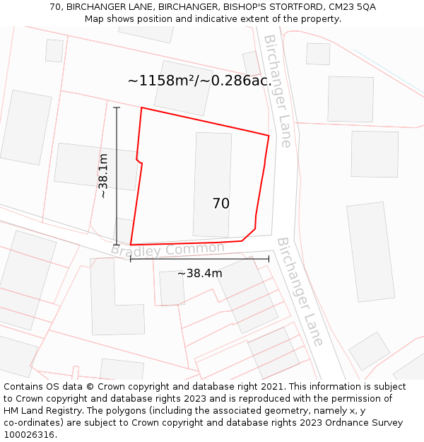 70, BIRCHANGER LANE, BIRCHANGER, BISHOP'S STORTFORD, CM23 5QA: Plot and title map