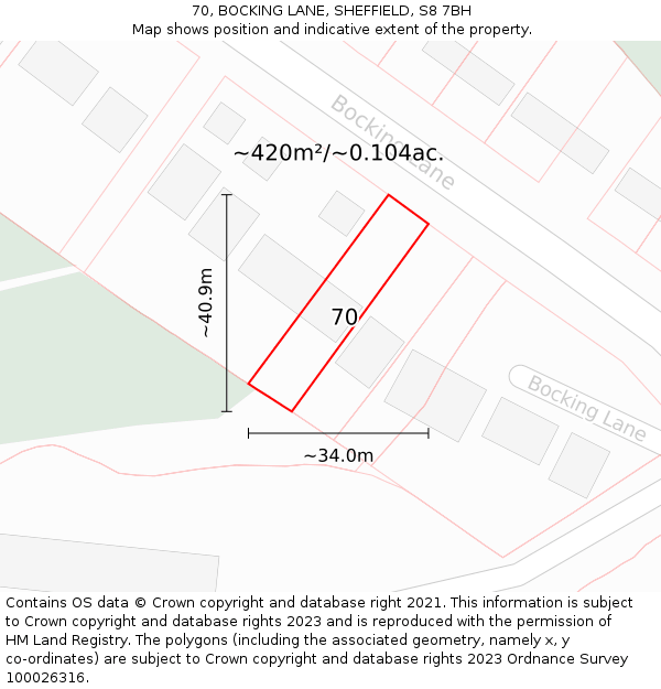 70, BOCKING LANE, SHEFFIELD, S8 7BH: Plot and title map