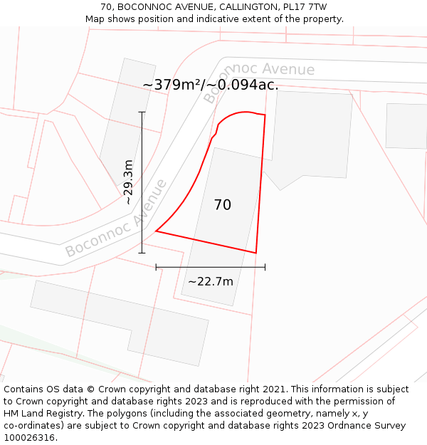 70, BOCONNOC AVENUE, CALLINGTON, PL17 7TW: Plot and title map