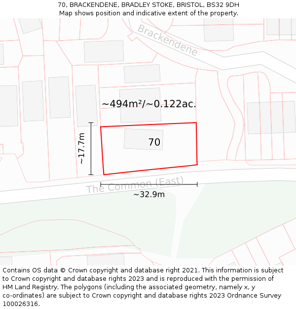 70, BRACKENDENE, BRADLEY STOKE, BRISTOL, BS32 9DH: Plot and title map