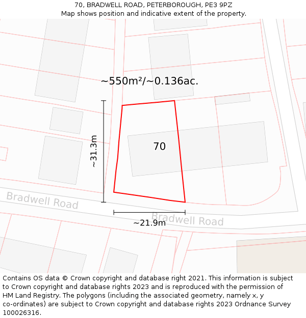 70, BRADWELL ROAD, PETERBOROUGH, PE3 9PZ: Plot and title map