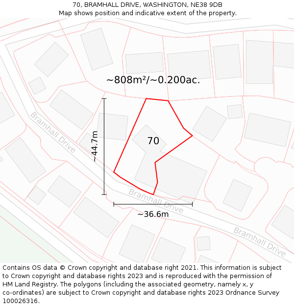 70, BRAMHALL DRIVE, WASHINGTON, NE38 9DB: Plot and title map