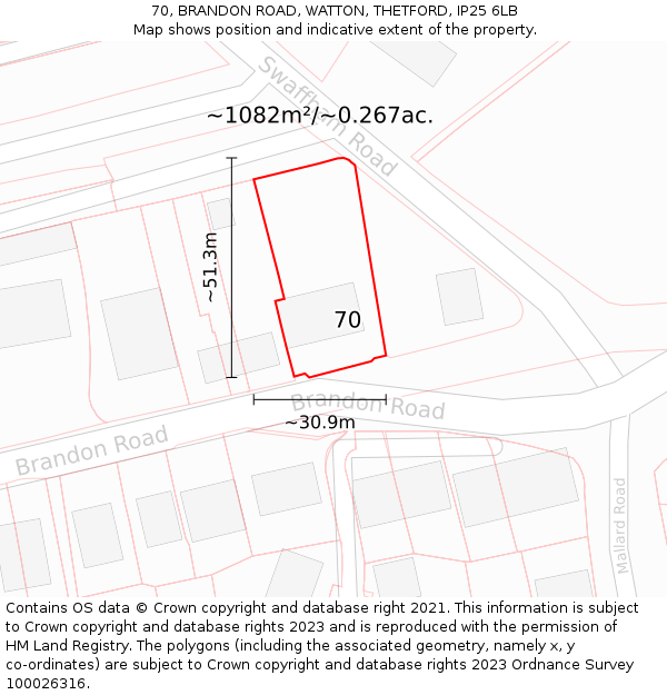 70, BRANDON ROAD, WATTON, THETFORD, IP25 6LB: Plot and title map