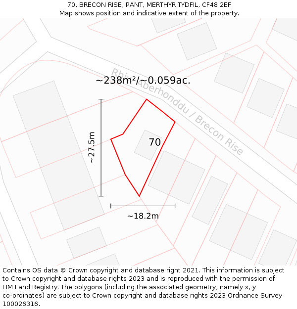 70, BRECON RISE, PANT, MERTHYR TYDFIL, CF48 2EF: Plot and title map