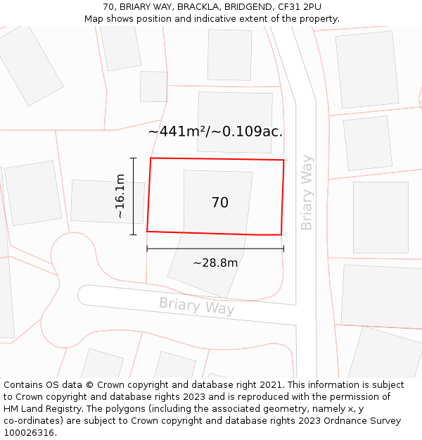 70, BRIARY WAY, BRACKLA, BRIDGEND, CF31 2PU: Plot and title map