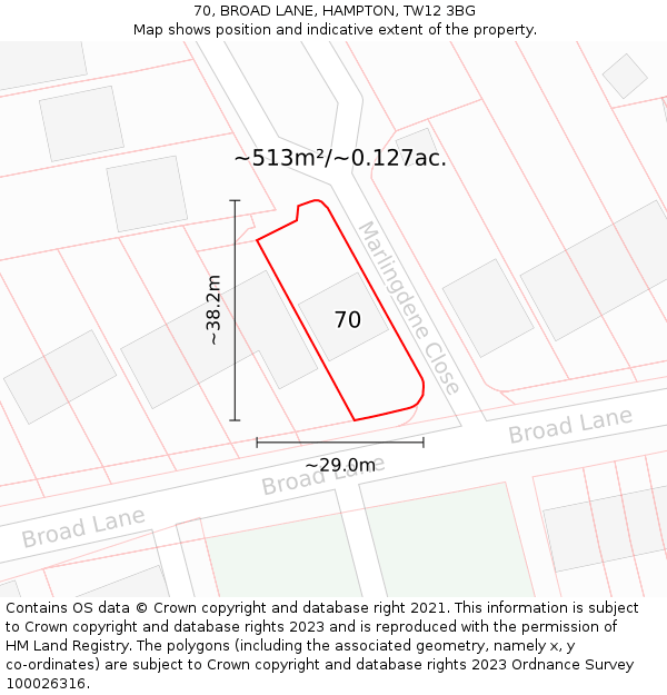 70, BROAD LANE, HAMPTON, TW12 3BG: Plot and title map