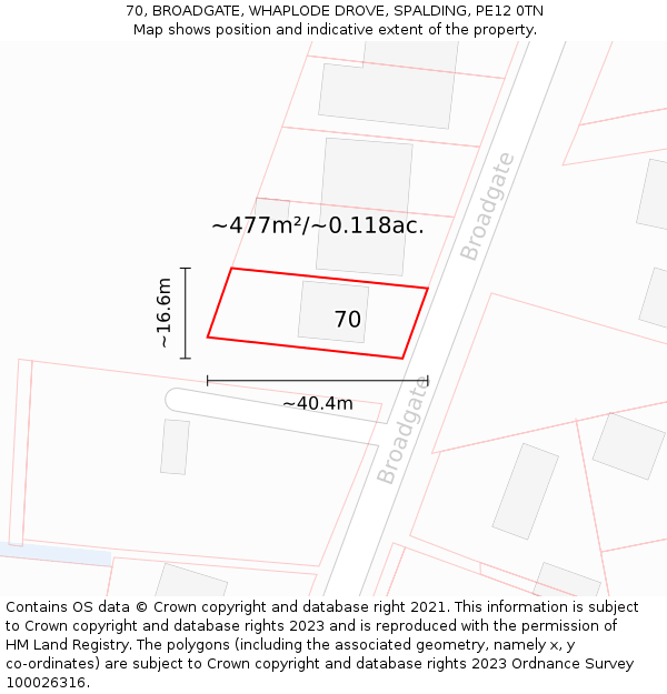 70, BROADGATE, WHAPLODE DROVE, SPALDING, PE12 0TN: Plot and title map