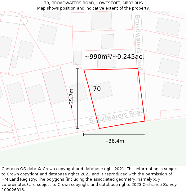 70, BROADWATERS ROAD, LOWESTOFT, NR33 9HS: Plot and title map