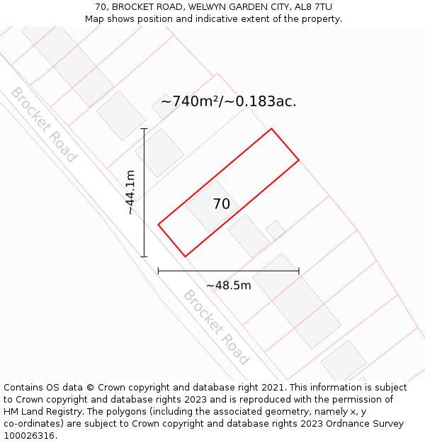 70, BROCKET ROAD, WELWYN GARDEN CITY, AL8 7TU: Plot and title map