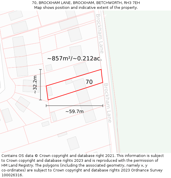 70, BROCKHAM LANE, BROCKHAM, BETCHWORTH, RH3 7EH: Plot and title map