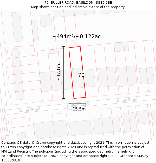 70, BULLER ROAD, BASILDON, SS15 6BB: Plot and title map