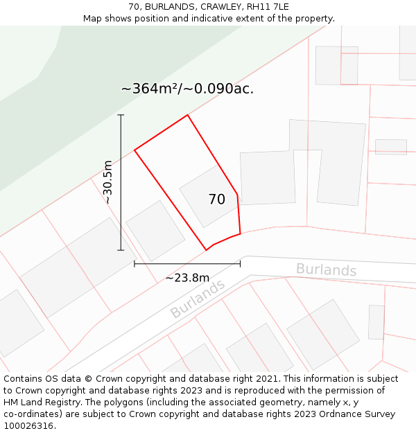 70, BURLANDS, CRAWLEY, RH11 7LE: Plot and title map