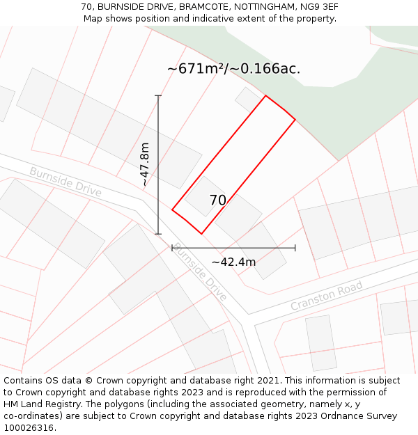 70, BURNSIDE DRIVE, BRAMCOTE, NOTTINGHAM, NG9 3EF: Plot and title map