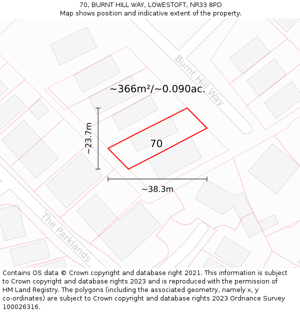 70, BURNT HILL WAY, LOWESTOFT, NR33 8PD: Plot and title map