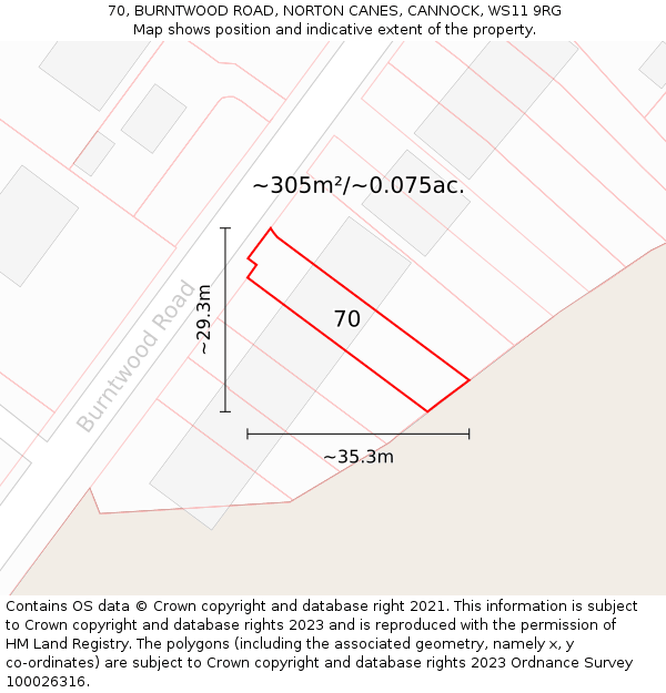 70, BURNTWOOD ROAD, NORTON CANES, CANNOCK, WS11 9RG: Plot and title map