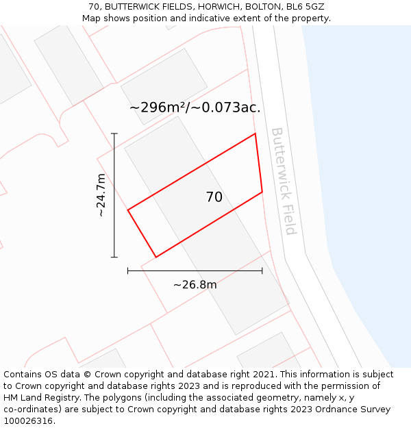 70, BUTTERWICK FIELDS, HORWICH, BOLTON, BL6 5GZ: Plot and title map