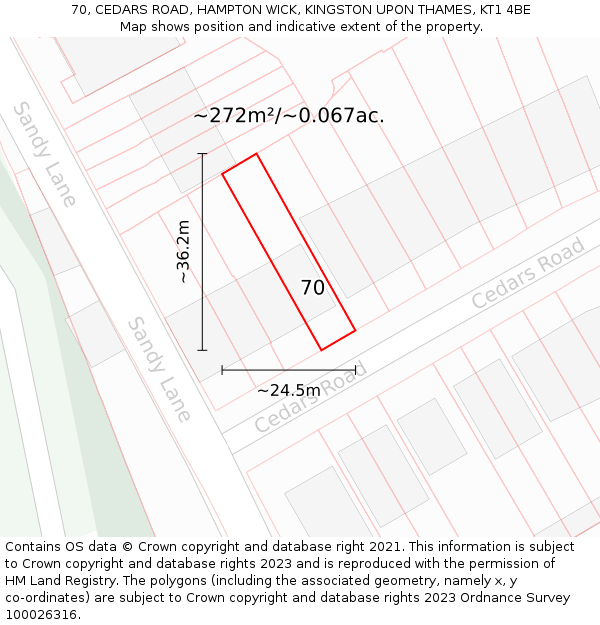 70, CEDARS ROAD, HAMPTON WICK, KINGSTON UPON THAMES, KT1 4BE: Plot and title map