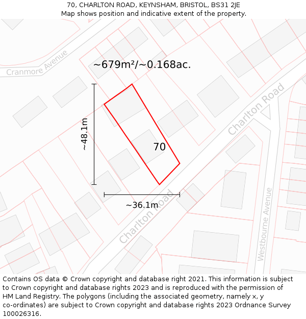 70, CHARLTON ROAD, KEYNSHAM, BRISTOL, BS31 2JE: Plot and title map