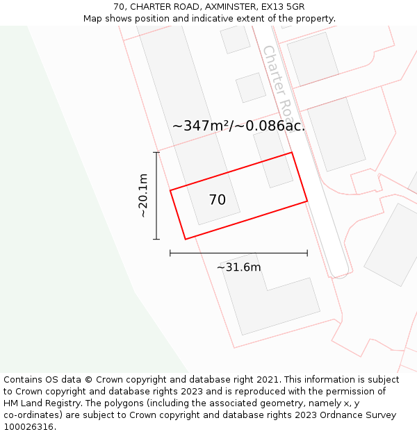 70, CHARTER ROAD, AXMINSTER, EX13 5GR: Plot and title map