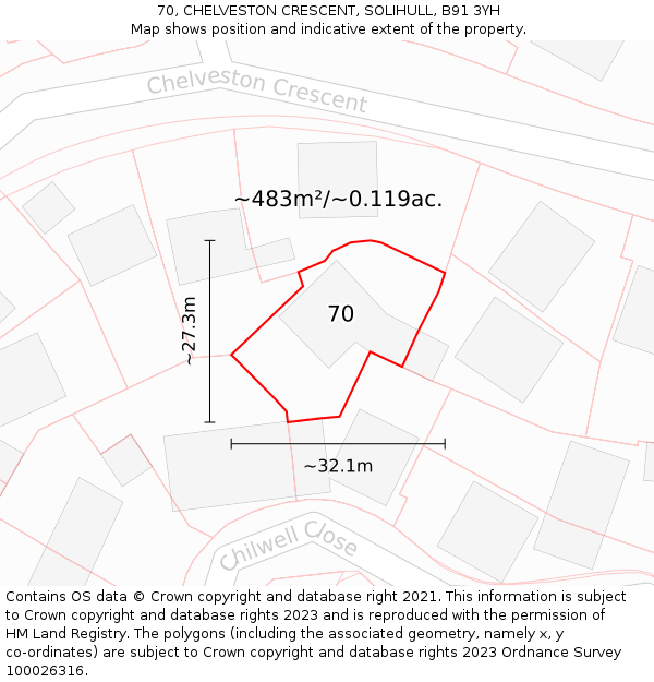 70, CHELVESTON CRESCENT, SOLIHULL, B91 3YH: Plot and title map