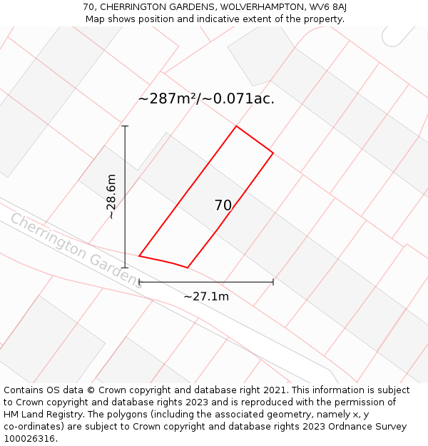 70, CHERRINGTON GARDENS, WOLVERHAMPTON, WV6 8AJ: Plot and title map