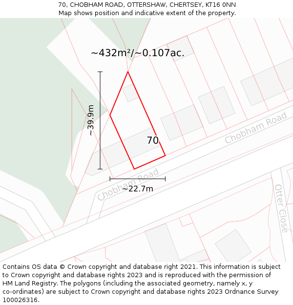 70, CHOBHAM ROAD, OTTERSHAW, CHERTSEY, KT16 0NN: Plot and title map