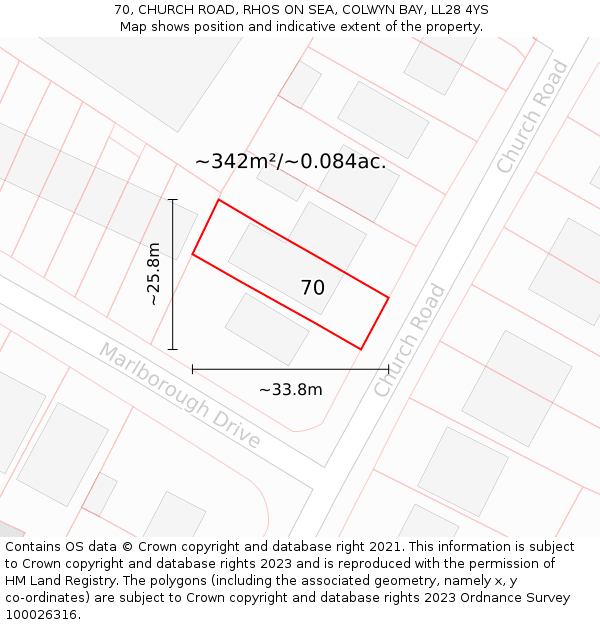 70, CHURCH ROAD, RHOS ON SEA, COLWYN BAY, LL28 4YS: Plot and title map