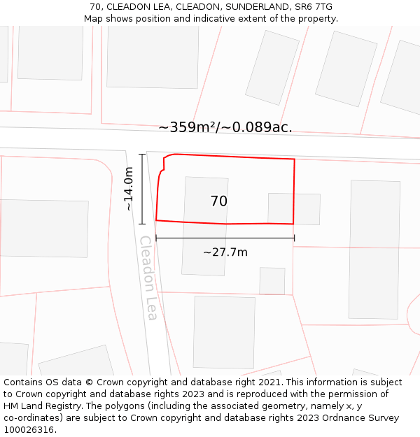 70, CLEADON LEA, CLEADON, SUNDERLAND, SR6 7TG: Plot and title map