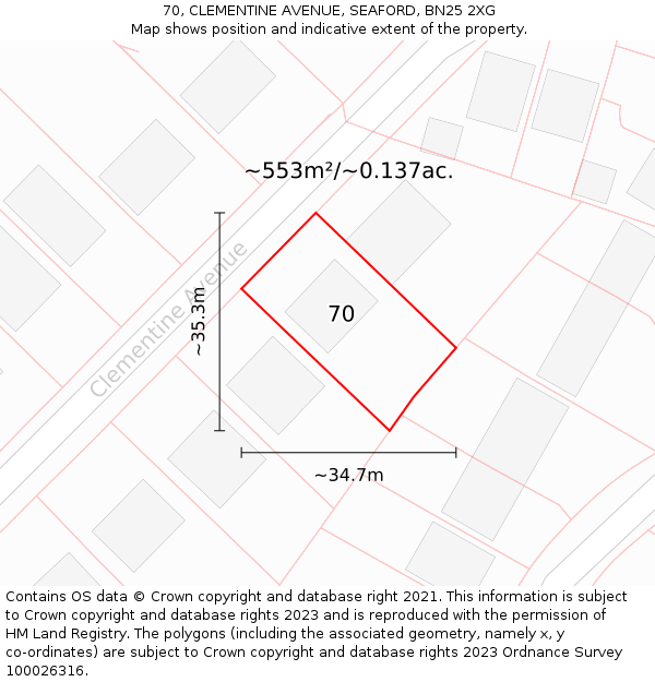70, CLEMENTINE AVENUE, SEAFORD, BN25 2XG: Plot and title map