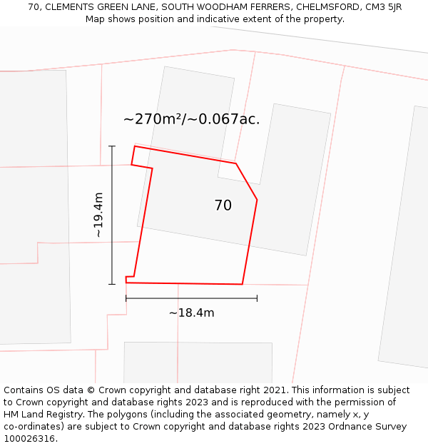 70, CLEMENTS GREEN LANE, SOUTH WOODHAM FERRERS, CHELMSFORD, CM3 5JR: Plot and title map
