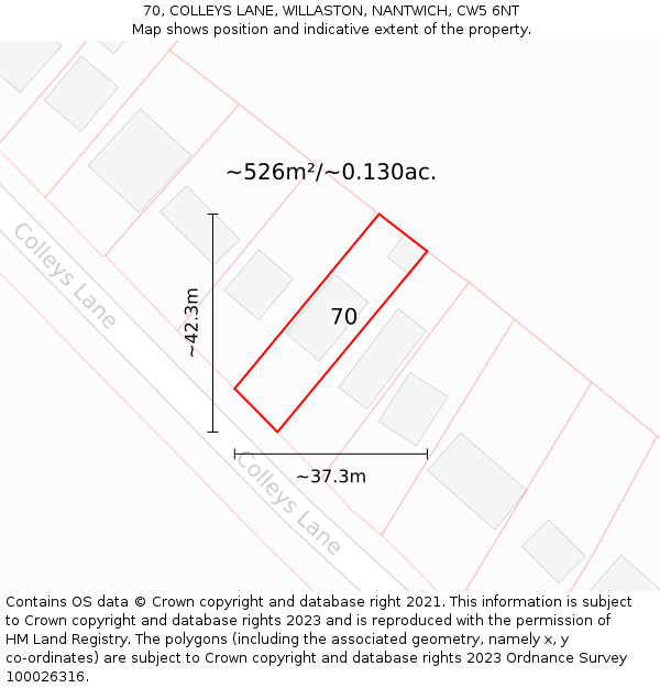 70, COLLEYS LANE, WILLASTON, NANTWICH, CW5 6NT: Plot and title map