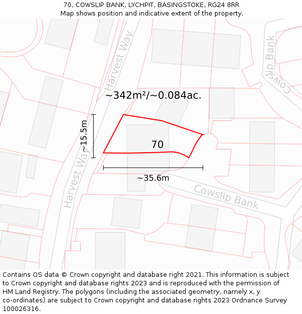 70, COWSLIP BANK, LYCHPIT, BASINGSTOKE, RG24 8RR: Plot and title map