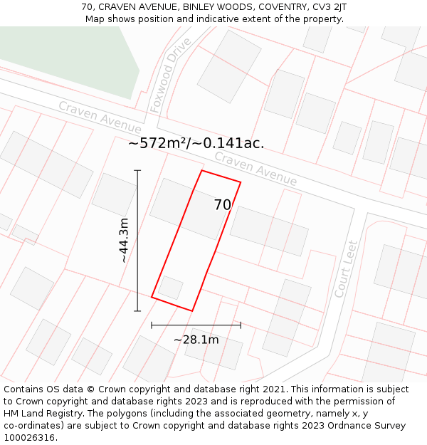 70, CRAVEN AVENUE, BINLEY WOODS, COVENTRY, CV3 2JT: Plot and title map