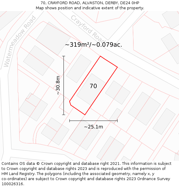 70, CRAYFORD ROAD, ALVASTON, DERBY, DE24 0HP: Plot and title map