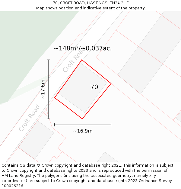 70, CROFT ROAD, HASTINGS, TN34 3HE: Plot and title map