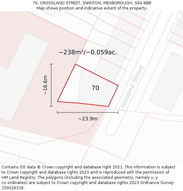 70, CROSSLAND STREET, SWINTON, MEXBOROUGH, S64 8BB: Plot and title map