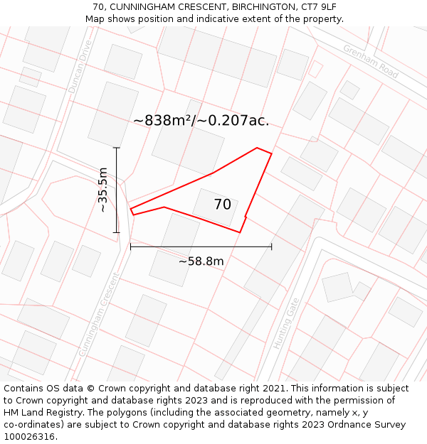 70, CUNNINGHAM CRESCENT, BIRCHINGTON, CT7 9LF: Plot and title map